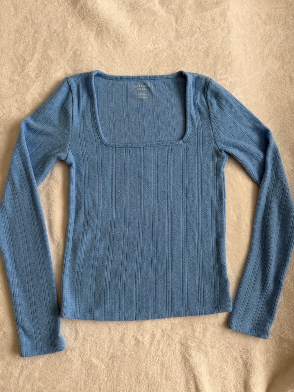 American Eagle Outfitters Soft Light Blue Ribbed Square Neck Long Sleeve Top